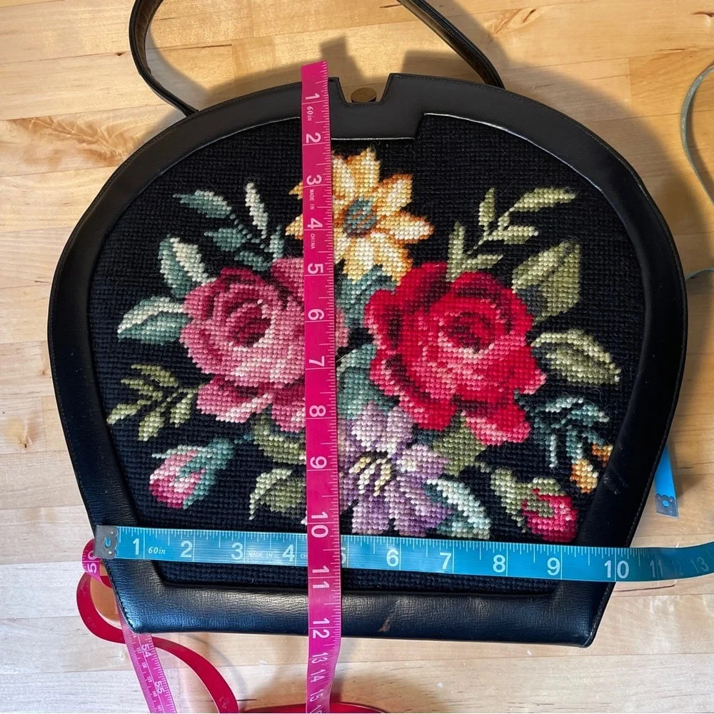 Original by Caprice Vintage Black Leather Floral Needlepoint Tapestry Handbag